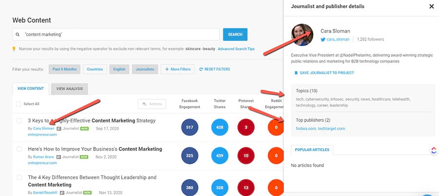 Buzzsumo search results showing a magnified view of journalist and their info.