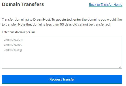 Requesting a domain transfer in the DreamHost panel. 
