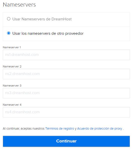 Llenando la información de nameservers con la opción “Usar los nameservers de otro proveedor” seleccionada. 