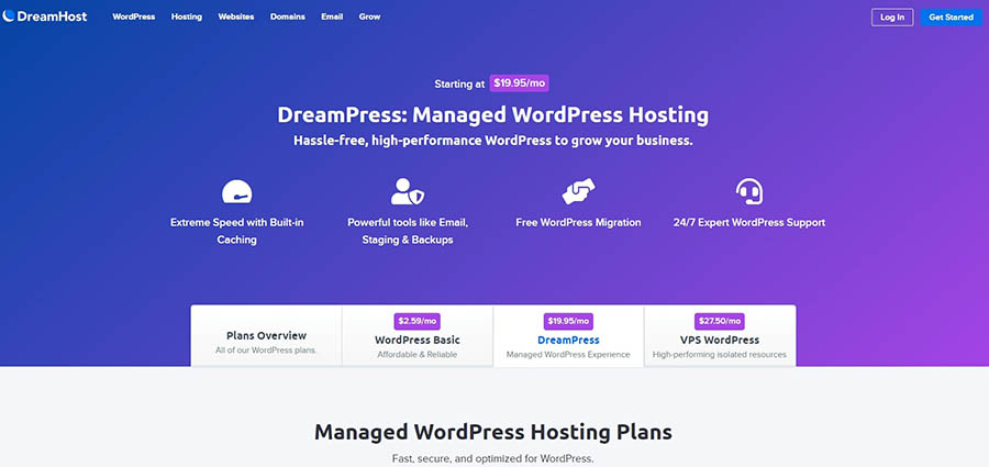 DreamPress managed WordPress hosting plans.