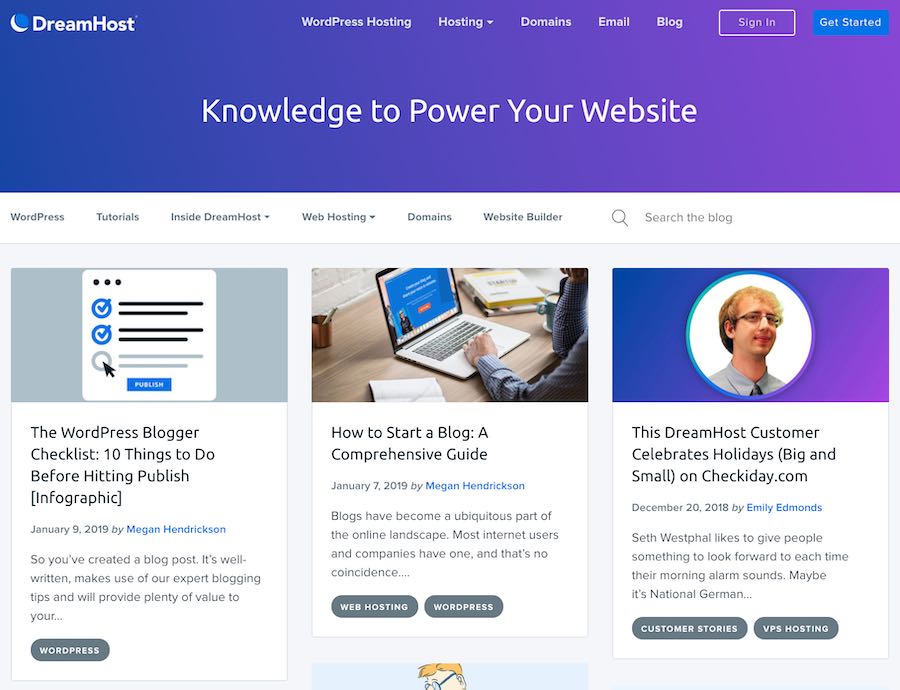 DreamHost blog home page