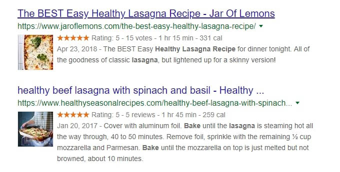 Two healthy lasagna recipes with rich snippets.