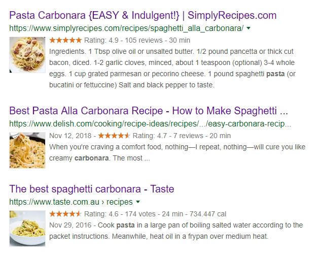 Three examples of carbonara recipes with rich snippets.