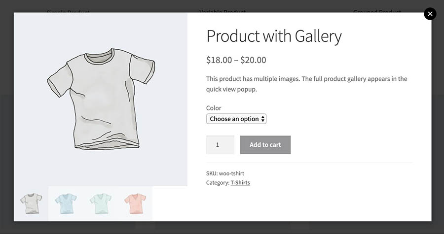 A completed quick view display created with WooCommerce Quick View Pro.