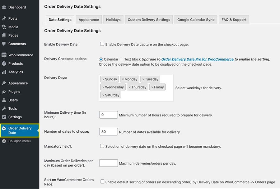 The Order Delivery Date for WooCommerce settings page.