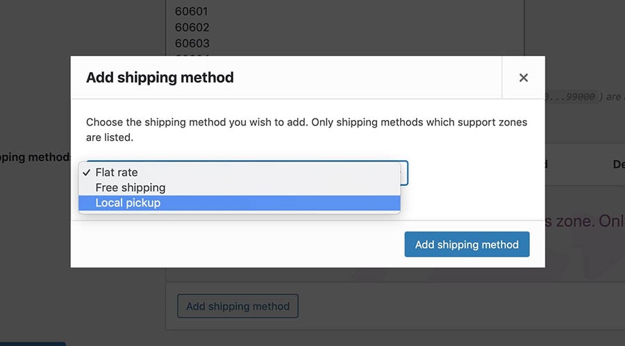 Selecting local pickup as the shipping method.