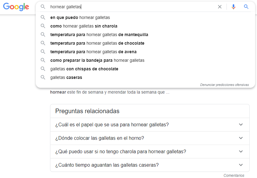 Sugerencias de Google basadas en una búsqueda sobre hornear de galletas