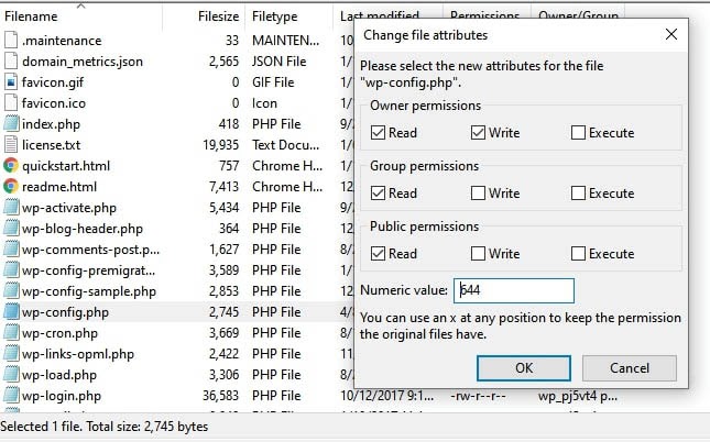Checking and updating file permissions using FileZilla.