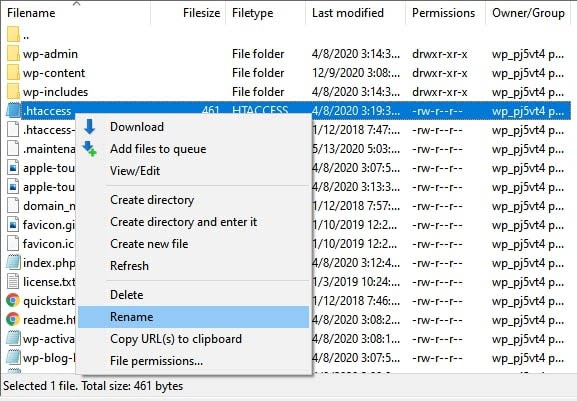 Renaming a file in FileZilla.
