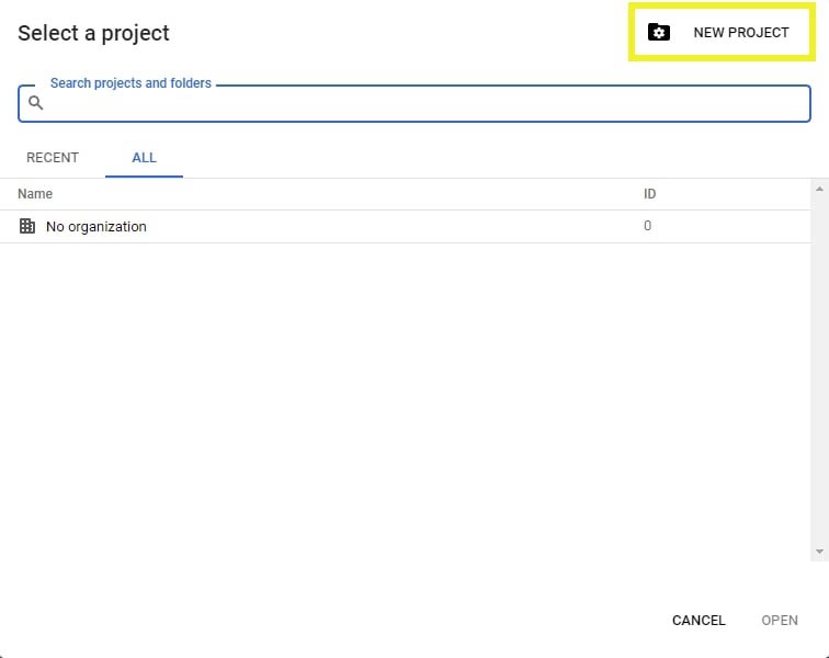 Creando un nuevo proyecto en la Consola de Google Developers.