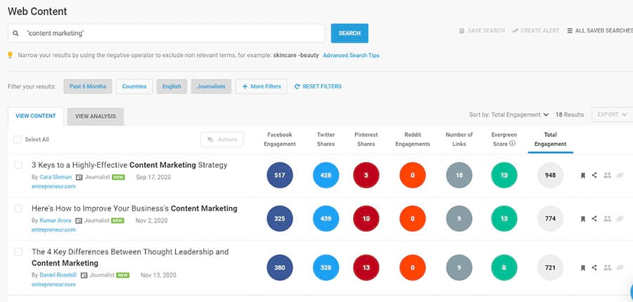 Más resultados de búsqueda en Buzzsumo para ‘content marketing.’
