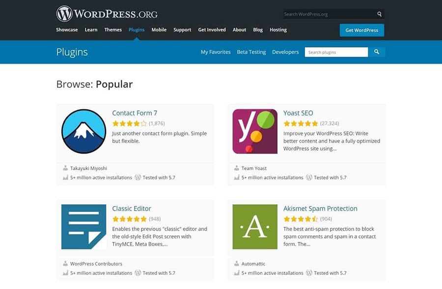 The WordPress.org plugin directory displaying popular options.