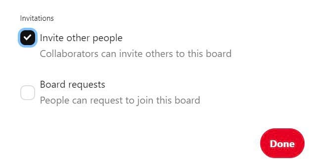 Collaborator settings for group boards on Pinterest.