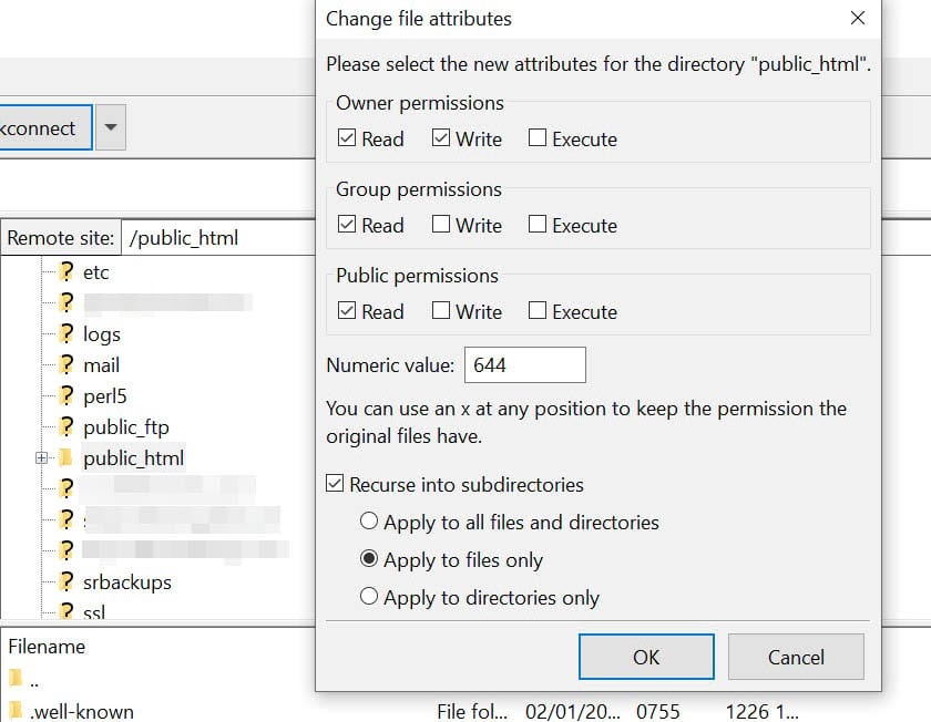 Changing the file permissions in FileZilla.