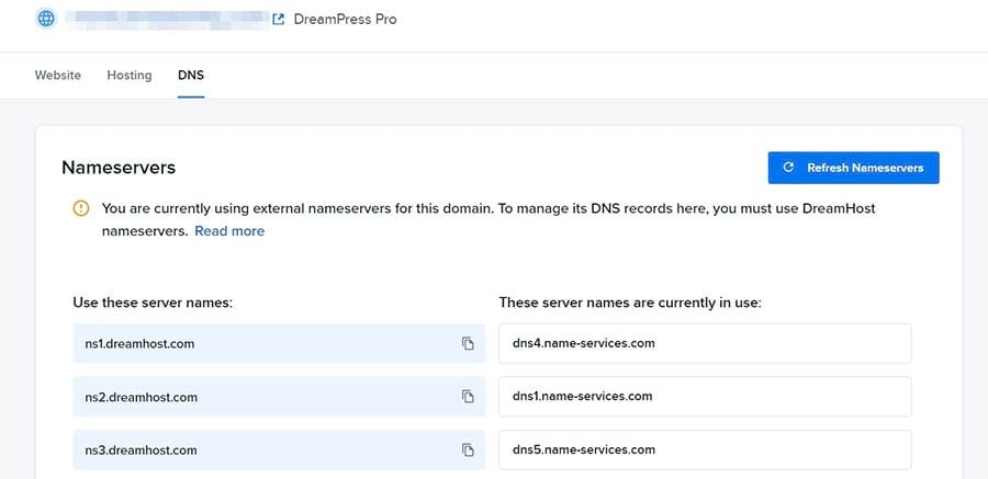 Locating your nameservers in DreamHost.