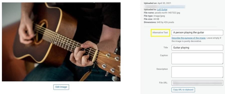 Adding alt text to an image of a person playing guitar.