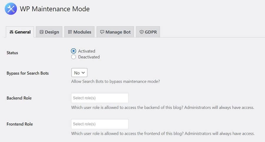 Activating the maintenance page using the WP Maintenance Mode plugin