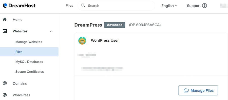 Accessing the file manager through your DreamPress hosting account.