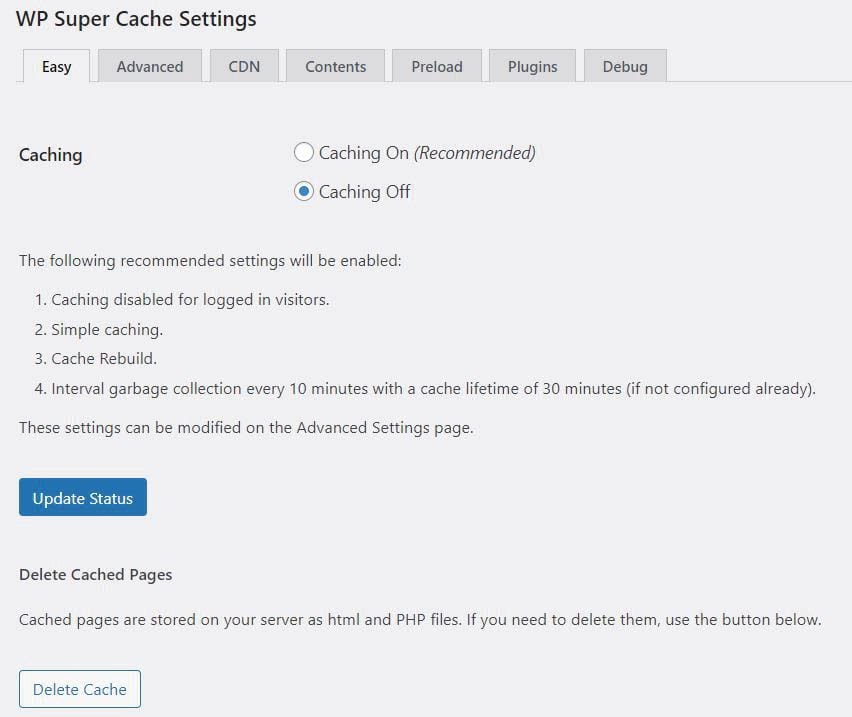 Configuring settings in WP Super Cache. 