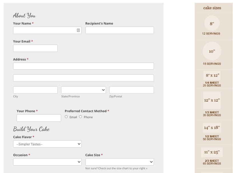 JCakes online ordering form for custom cakes.