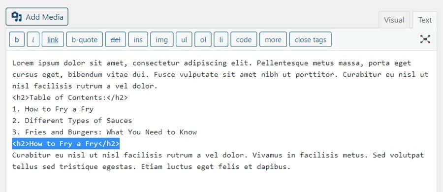 A subheading within the WordPress code editor.