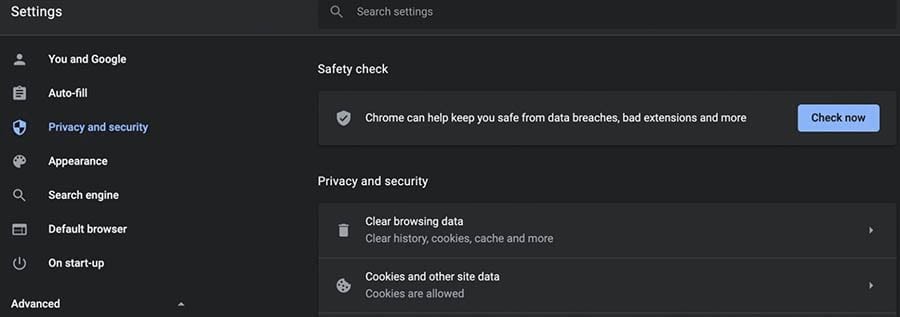  Accessing web browser personal privacy and security settings in Google Chrome.