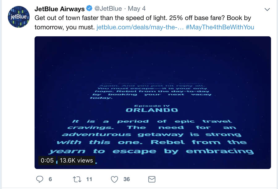 JetBlue Abrazando la festividad del día de Star Wars