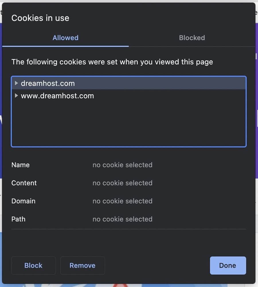 Viewing cookies in use for a website in your browser.