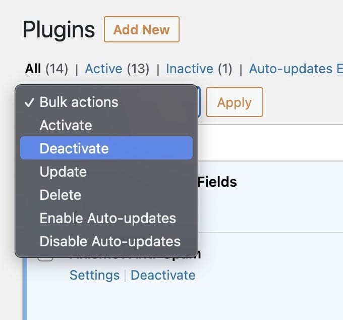Desactivando plugins masivamente puede ayudar con el problema “WordPress Continúa Cerrando la Sesión.