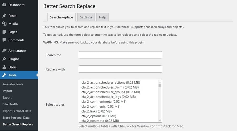 The Better Search Replace plugin settings.