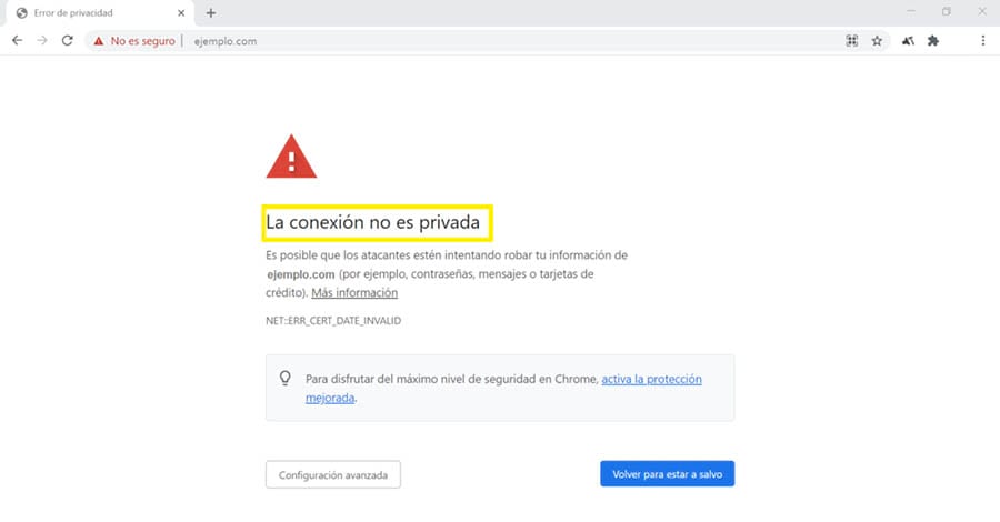 Un mensaje de advertencia “Your connection is not private” en Google Chrome.