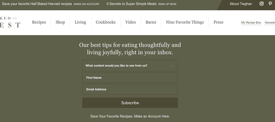 A free content upgrade on a recipe website
