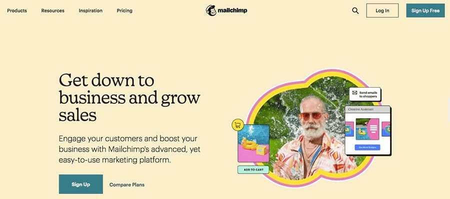 The Mailchimp marketing platform’s home page.