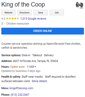 King of the Coop restaurant’s Google Business Profile.