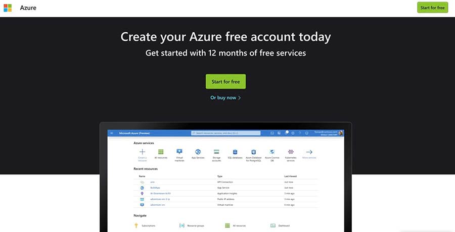 The Microsoft Azure cloud computing homepage. 