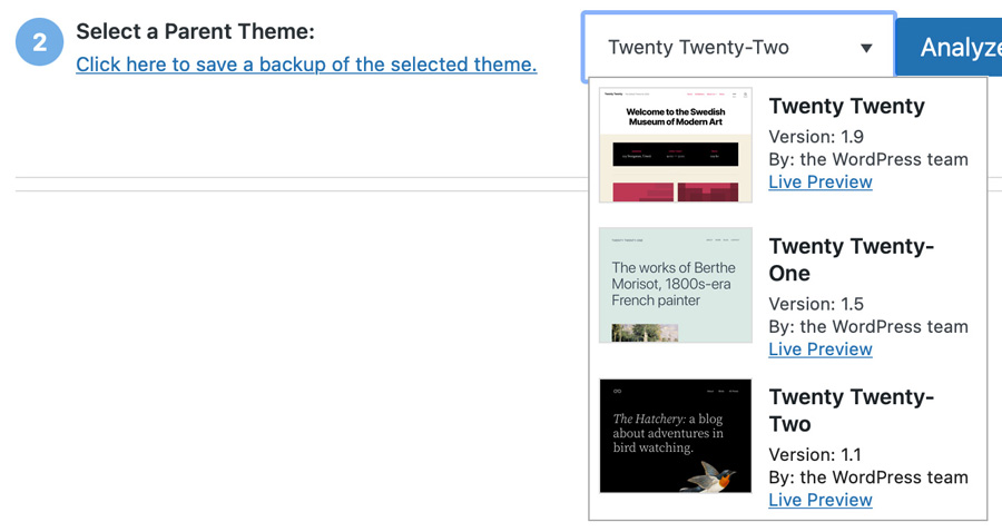 Selecting a parent theme with a child theme plugin