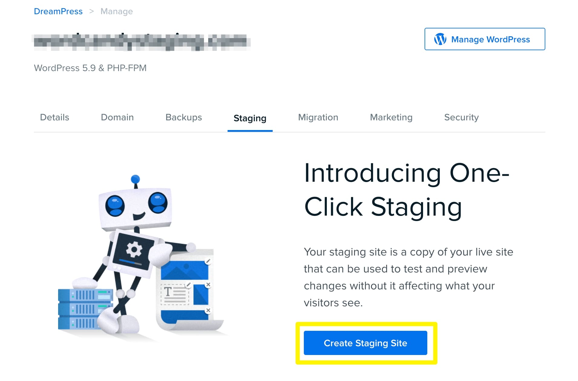 create a one click staging site with DreamPress managed WordPress hosting